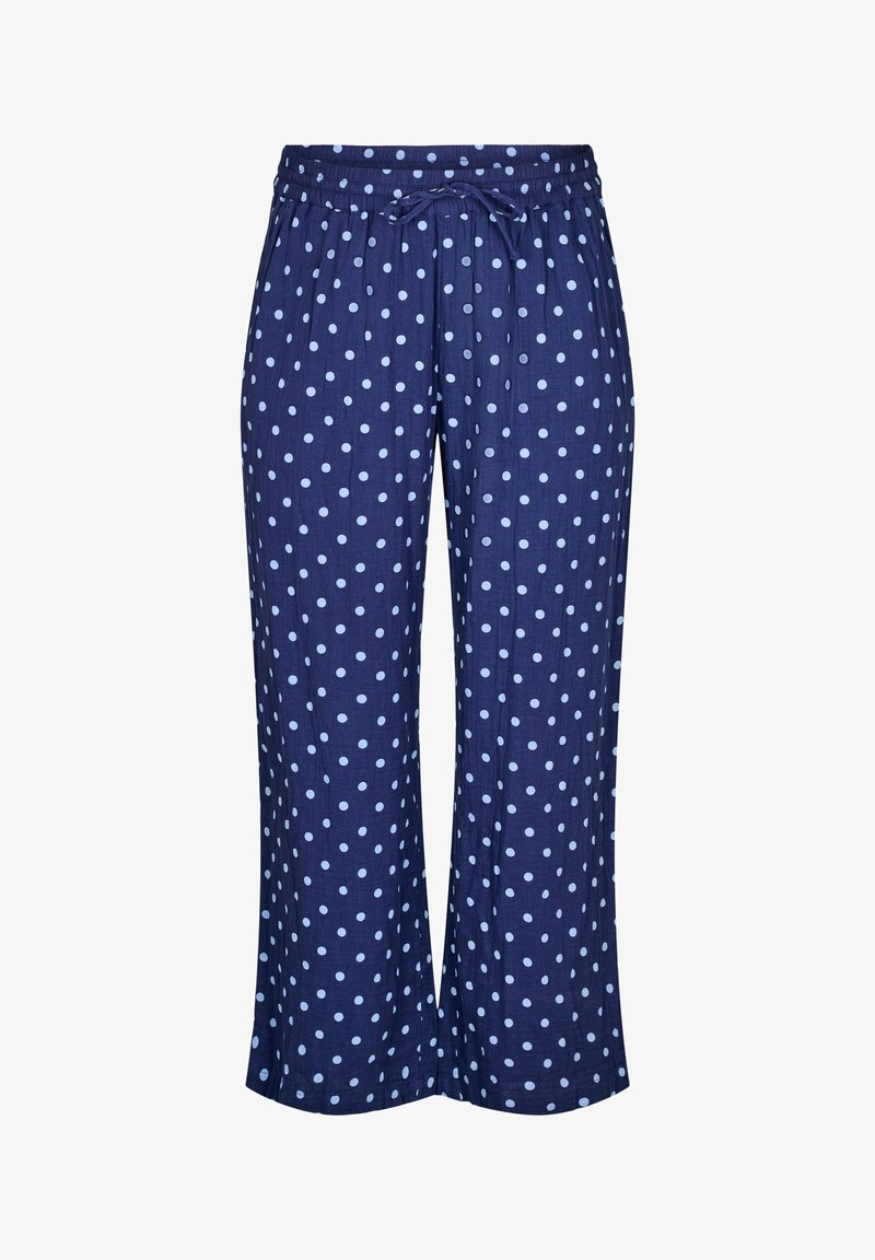 Navy blue pajama pants made of lightweight fabric, featuring a drawstring waist and an all-over light blue polka dot pattern.