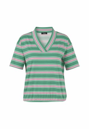 Green, pink, and white horizontal striped short-sleeve shirt with wide V-neck and elastic hem, embroidered logo on left chest.