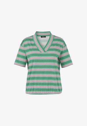 Grünes, pinkfarbenes und weißes, horizontal gestreiftes Kurzarmshirt mit weitem V-Ausschnitt und elastischem Saum, besticktes Logo auf der linken Brust.