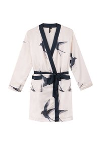 Accappatoio leggero in tessuto crema con stampa di uccelli blu scuro. Presenta maniche lunghe, una cintura coordinata e un colletto navy a contrasto.