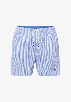 Heren zwemshorts met blauw-witte verticale strepen, elastische tailleband en witte trekkoord met rode en zwarte accenten.