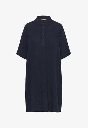 Rochie bleumarin cu mâneci scurte, guler ascuțit și deschidere cu patru nasturi, realizată dintr-un material texturat și ușor.