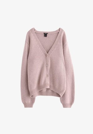 Light pink knitted cardigan with a V-neck, four buttons down the front, and ribbed hem and cuffs. Soft texture with a relaxed fit.