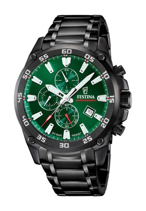 Montre chronographe en métal noir avec cadran vert, trois sous-cadrans, index des heures blancs, fenêtre de date et aiguilles des secondes rouges.