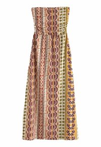 Robe longue bustier présentant une variété de motifs géométriques et floraux dans des tons d'orange, marron et vert sur un fond crème.