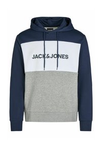 Marineblauwe en grijze hoodie met een witte horizontale baan waarop "JACK&JONES" in vetzwarte tekst staat. Katoenmengsel met een capuchon met trekkoord.
