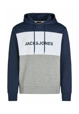 Navy blue and gray hoodie featuring a white horizontal panel with "JACK&JONES" in bold black text. Cotton blend with a drawstring hood.