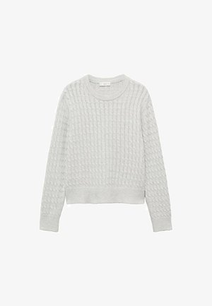 Svetlo šedý pletený sveter s textúrovaným diamantovým vzorom. Má okrúhly výstrih a ribbované manžety a lem. Skraćený dizajn.