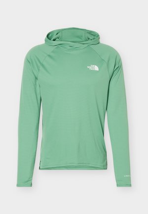 Zeleno atletsko športno zgornje oblačilo z dolgimi rokavi in kapuco, z logotipom The North Face na prsih ter napisom LIGHTER na manšeti levega rokava.