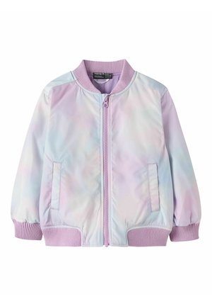 Pastelset vikerkaarevärvides laste pommitaja jakk soonikkoes krae, varrukaotsade, ääristega, ees tõmblukuga ja küljetaskutega.