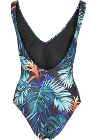 Maillot de bain une pièce avec un décolleté en V profond, présentant un imprimé de feuilles tropicales en vert, bleu et orange sur un fond sombre. Texture de tissu douce.