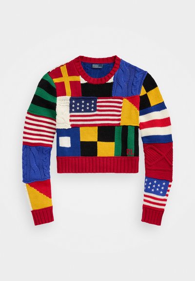 Pulover tricotat cu un design colorat, cu diverse modele, predominant roșu, albastru, galben și verde. Guler rotund și croială scurtă.