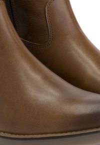 Botas de tobillo de cuero marrón con un acabado suave, que cuentan con un zipper lateral y punta redonda. Detalle de costura a lo largo del borde y un tacón bajo.
