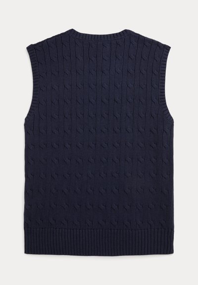 Ναυτικό μπλε πλεκτό αμάνικο γιλέκο με καλωδιακό μοτίβο, ριμπ μπατζάκι και γιακά, που παρουσιάζει μια υφή σε σχεδιασμό υφάσματος.