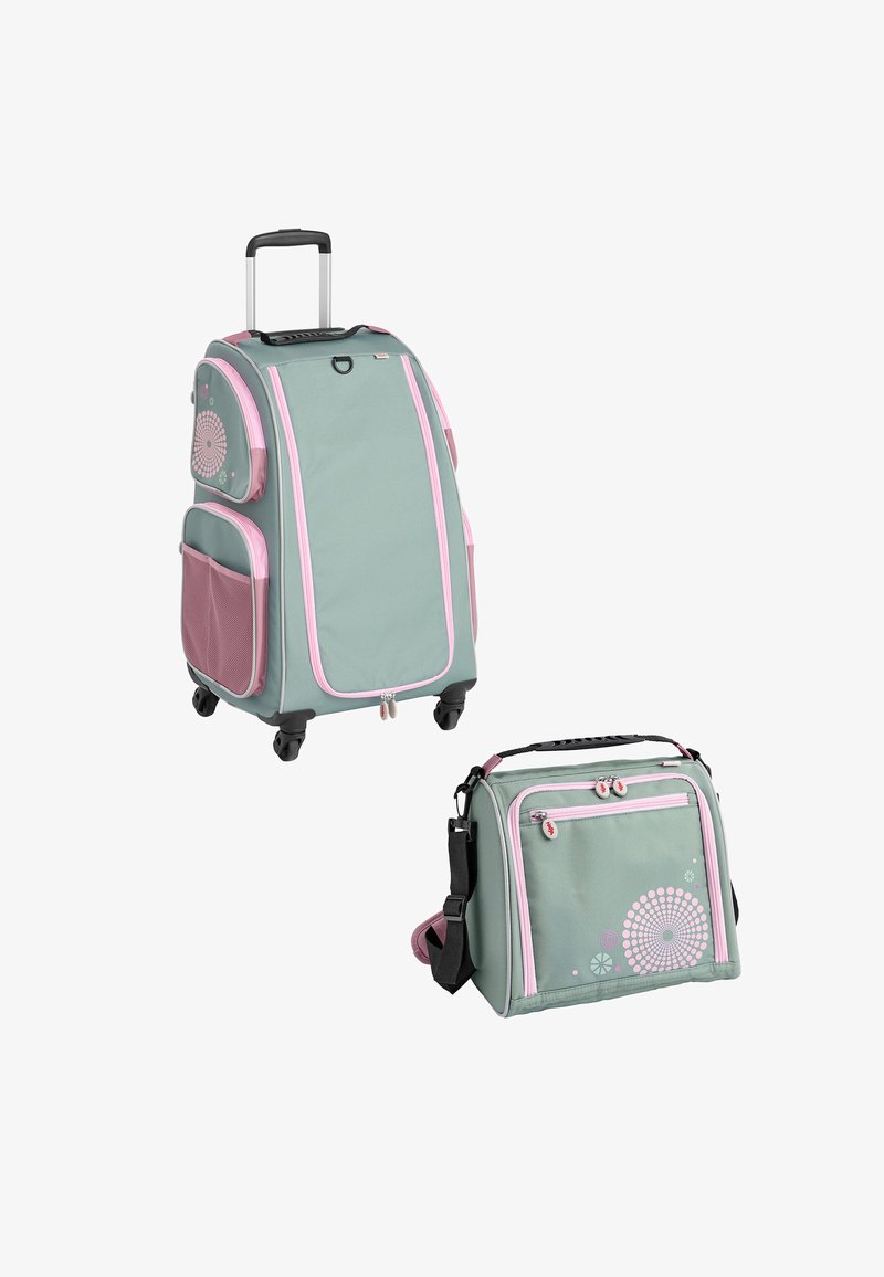 Walizka na kółkach i pasująca torba na ramię w kolorze morskim z różowymi akcentami. Walizka wyposażona jest w wysuwany uchwyt i wzorzystą dekorację.