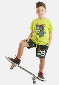 Lys grøn t-shirt med legende grafik, mønstrede mørke shorts og sorte sneakers med røde snørebånd. Barnet poserer på en skateboard.
