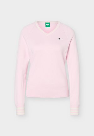 Világos rózsaszín hosszú ujjú V-nyakú pulóver bordázott mandzsettával és szegéllyel, bal oldalon kicsi fekete Adidas logóval.
