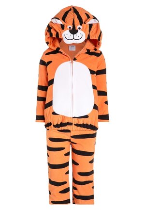 Orange og sort stribet toddler-outfit med hvid mave, lynlås foran og hætte med et smilende tigeransigt og ører.