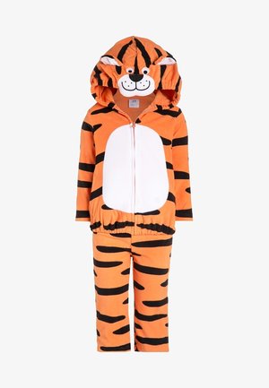 Orange og sort stribet toddler-outfit med hvid mave, lynlås foran og hætte med et smilende tigeransigt og ører.