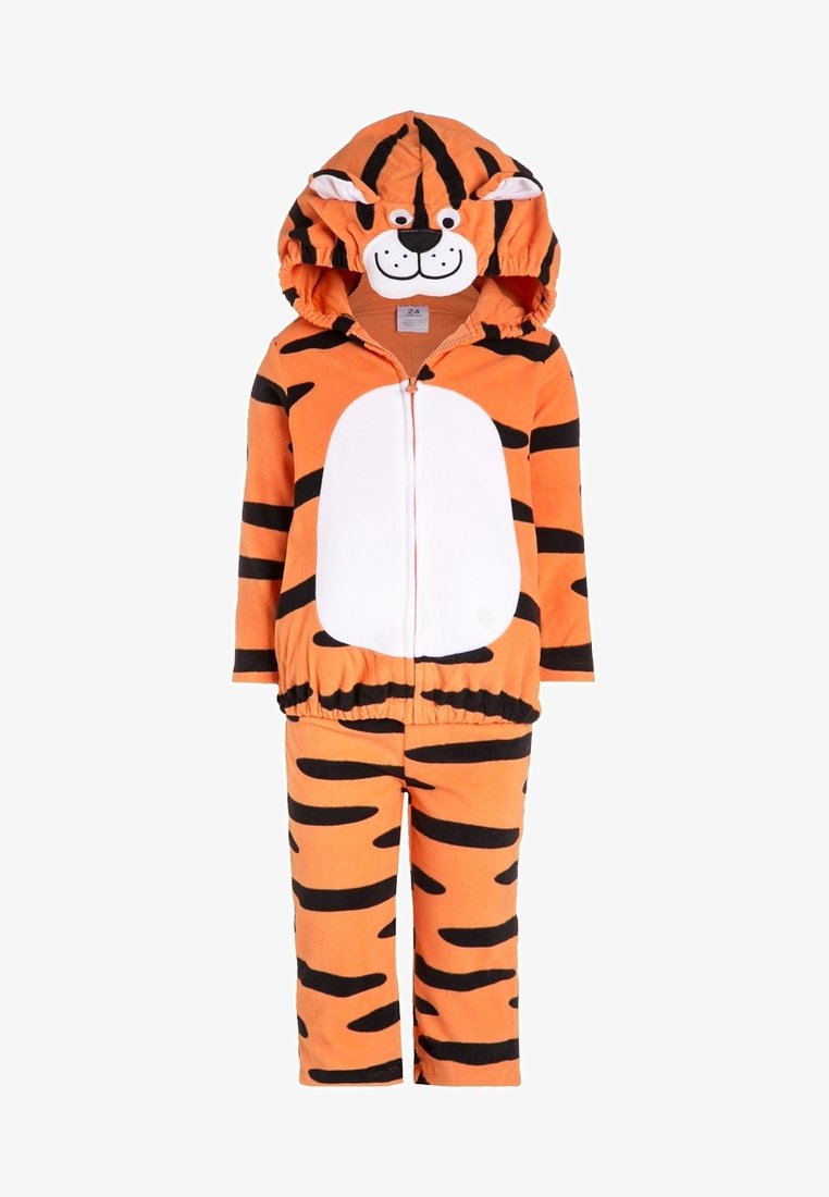 Tenue pour tout-petit rayée orange et noire avec un ventre blanc, fermeture éclair à l'avant et capuche ornée d'un visage de tigre souriant avec des oreilles.