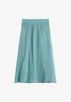 Gonna midi azzurro chiaro arricciata con elastico in vita e tasche laterali, mostrata su sfondo bianco.
