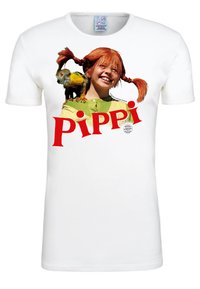 White T-shirt featuring a colorful graphic of a girl with red pigtails and a monkey, with the word "PIPPI" prominently displayed in red.