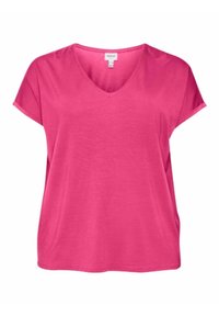Rosa, kurzärmliges T-Shirt aus leichtem Stoff. Hat ein V-Ausschnitt-Design und eine lockere Passform. Glatte Textur ohne Muster.