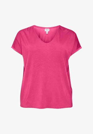 Vaaleanpunainen, lyhythihainen t-paita kevyestä kankaasta. Ominaisuuksiin kuuluu V-pääntie ja rento fit. Sileä pinta ilman kuoseja.