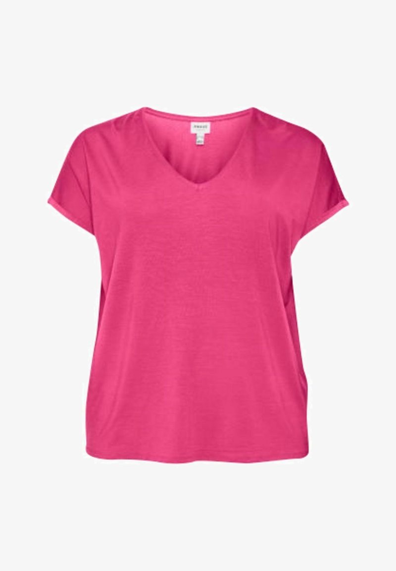 Rosa, kurzärmliges T-Shirt aus leichtem Stoff. Hat ein V-Ausschnitt-Design und eine lockere Passform. Glatte Textur ohne Muster.