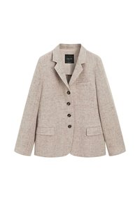 Veste beige texturée avec revers crantés, quatre boutons noirs, deux poches avant à rabat et une poche poitrine passepoilée, présentée à plat.