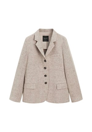 Béžové texturované sako s výstřihem se zářezem, se čtyřmi černými knoflíky, dvěma předními kapsami s klopami a jednou náprsní kapsou, zobrazené na plocho.