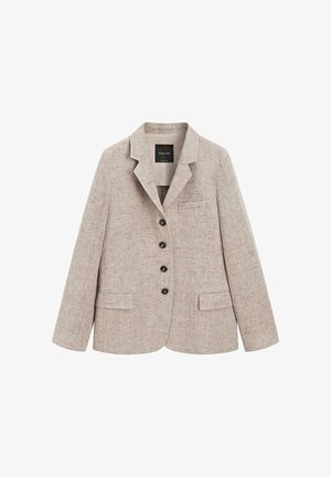 Béžové texturované sako s výstřihem se zářezem, se čtyřmi černými knoflíky, dvěma předními kapsami s klopami a jednou náprsní kapsou, zobrazené na plocho.