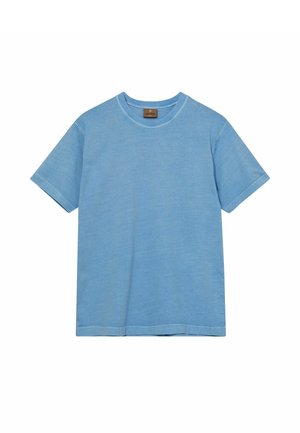 Light blue short-sleeve crew neck T-shirt with a small brown brand label inside the collar, displayed on a white background.