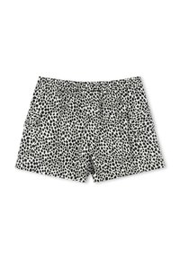 Zwarte en witte gestipte zwemshorts van lichtgewicht stof, met een elastische tailleband en zijzakken voor extra gemak.