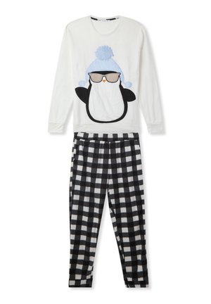 Maglietta bianca a maniche lunghe con una grafica di un pinguino che indossa occhiali e un cappello blu, abbinata a pantaloni in pile a scacchi bianchi e neri.