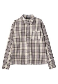 Langermet rutete skjorte i beige og brun, med krage som kan kneppes ned, brystlomme og teksturert stoff med varierende rute-mønster.