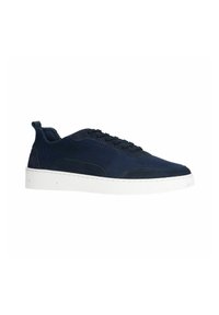 Sneaker blu navy realizzati in tessuto testurizzato e suede, con suola in gomma bianca, chiusura a lacci sul davanti e una linguetta sul tallone.
