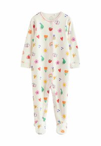 Witte katoenen babyromper met kleurrijke bloemen-, fruit- en insectpatronen. Heeft lange mouwen, drukknopen aan de voorkant en voetjes.