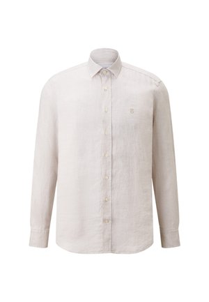 Lys beige langærmet skjorte lavet af hør, med en knap-ned krave, frontknapper og et lille broderet bogstav 'B' på brystet.