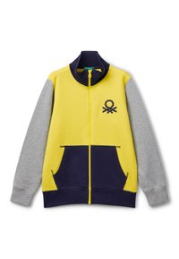 Felpa con zip colorata caratterizzata da un corpo giallo, maniche grigie, accenti blu navy e dettagli con logo. Include due tasche frontali e colletto a costine.