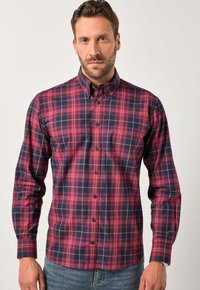 Rood en marineblauw geruit overhemd van katoen met knopen, voorzien van een kraag, lange mouwen en subtiele beige accenten in het patroon.