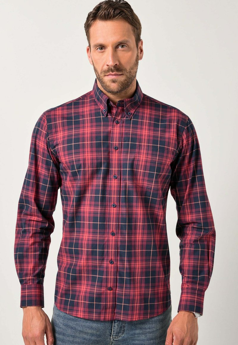 Rood en marineblauw geruit overhemd van katoen met knopen, voorzien van een kraag, lange mouwen en subtiele beige accenten in het patroon.