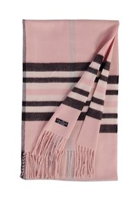 Écharpe en cachemire rose avec rayures horizontales noires et blanches et extrémités à franges, montrant un coin plié avec une étiquette de marque en tissu.