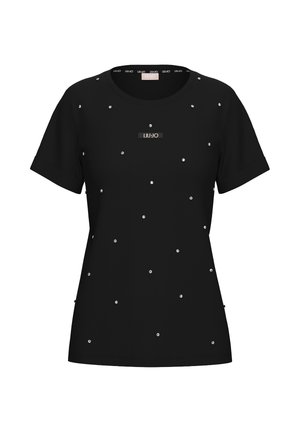 Camiseta negra de manga corta con pequeñas tachuelas plateadas dispersas y un logo "LIU·JO" centrado en el pecho.