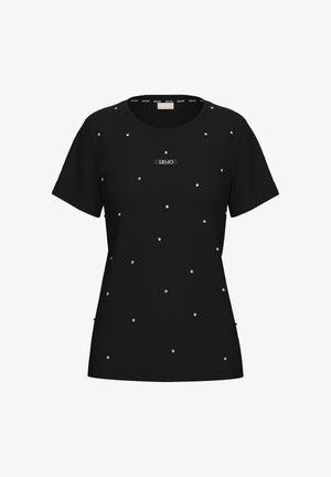 Camiseta negra de manga corta con pequeñas tachuelas plateadas dispersas y un logo "LIU·JO" centrado en el pecho.