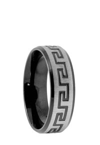 Schwarzer Metallring mit einer gebürsteten Silbermitte und einem geometrischen Muster. Das Design umfasst eine Reihe von ineinandergreifenden Formen entlang des Rings.