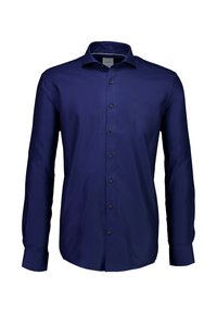Marineblauwe long-sleeve shirt van gladde stof. Heeft een klassieke kraag en zes zwarte knopen aan de voorkant. Minimale textuur.