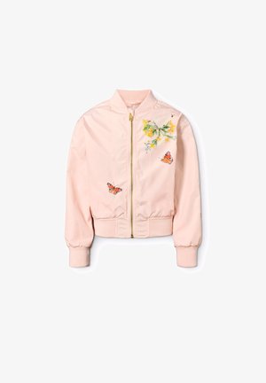Rózsaszín bomber dzseki elején cipzárral, bordázott mandzsettákkal és szegéllyel, elöl virág- és pillangóhímzéssel díszítve. Simább, könnyű anyagból.