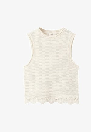 Top alb fără mâneci, tricotat, scurt, cu model texturat și tiv zimțat, gât rotund și material moale.