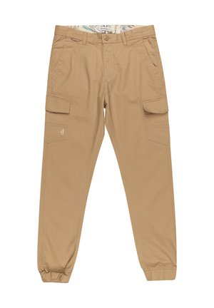 Beżowe spodnie cargo z elastycznym mankietem, wieloma kieszeniami i wzorzystym pasem. Wykonane z lekkiego materiału.